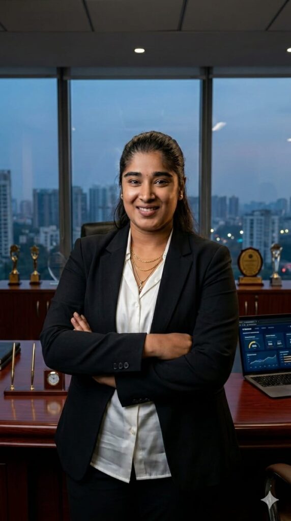 Black and white professional portrait of Geethanjali, a digital marketing strategist, standing in an office.
